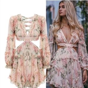 Floral Cutout Ruffle Mini Dress in Blush Pink